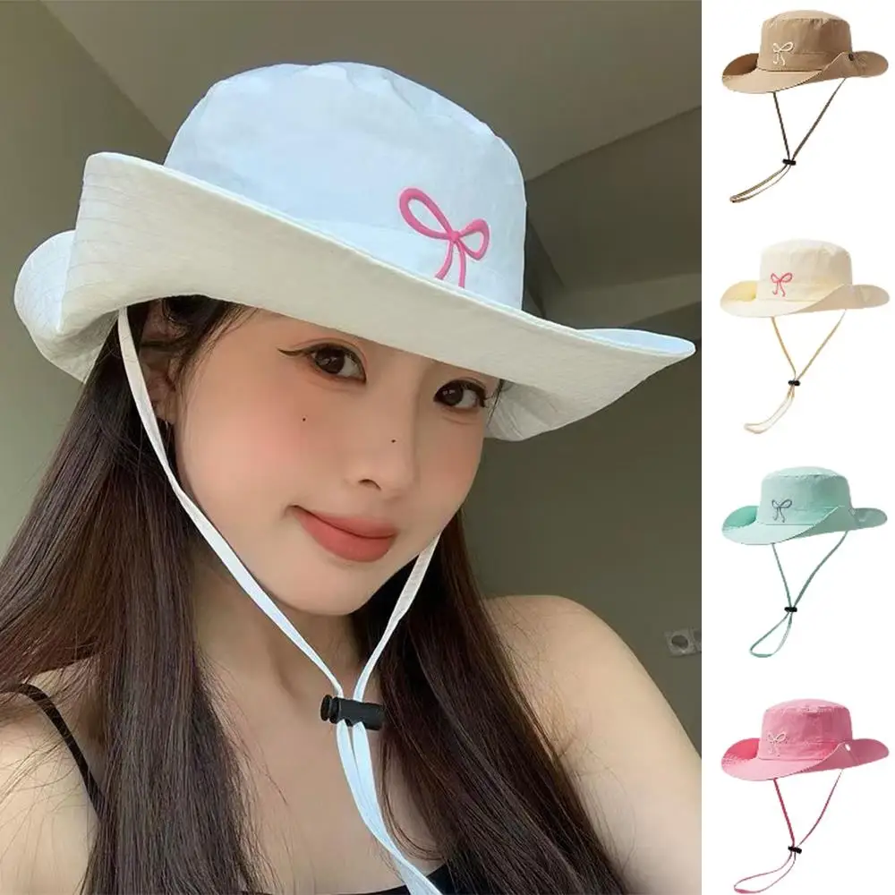

Candy Color Bow Embroidery Bucket Hat Summer Quick -Dry Camping Caps Wide Brim Sun Hat Y2K Women Outdoor Travel Panama Hat