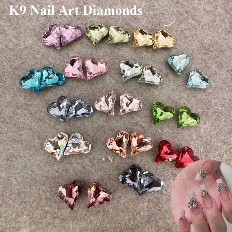 10pcs Crooked Heart Nail Rhinestones Charms K9 Glass Stone Gems 12x13mm Pointed Bottom Crystal Nail Art Manicure