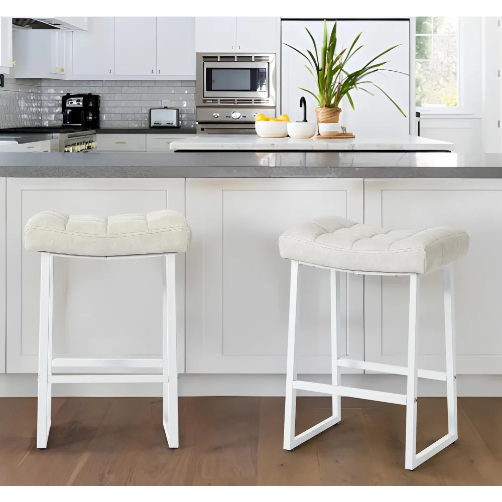 

White & Beige Counter Height Bar Stools Set of 2 for Kitchen Counter Modern Backless Barstools with Upholstered Faux Leather Sea