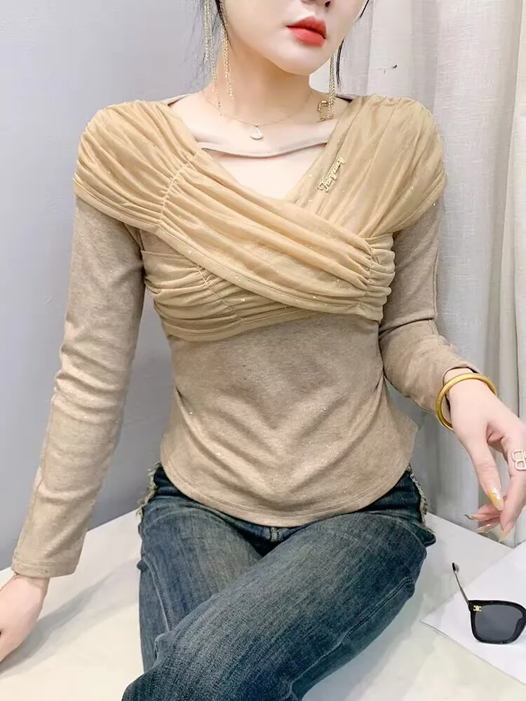 2025 French Style Elegant S-4XL Female Spring Summer Woman Pullover T-shirt V-neck Slim Solid Shirring Shinny Silk Bottoming