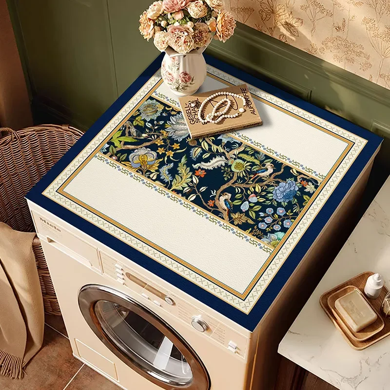 VIKAMA Vintage Dark Blue Bird Floral Washing Machine Cover Mat Jungle Print Waterproof Anti Dust Laundry Dryer Surface Pad