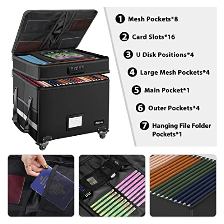 Fireproof Document Box with Lock, 2-Layer File Box with Wheels, Collapsible File Storage Organizer with Pockets, Large Portable