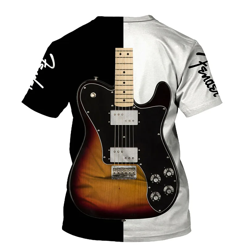Summer New O-neck Short-sleeved T-shirt 3D Art Guitar Printing Shirt Men\'s Fashion All-match Harajuku Literary Fan Casual Top