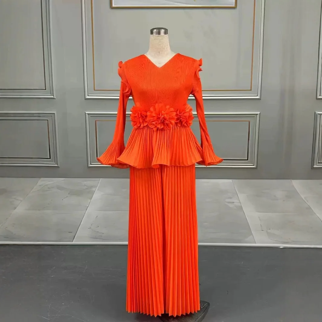 

2025 Miyake Pleated Fashion Suit Women's High-end Miyake Pleated V-neck Ruffle Edge Top Pleated Skirt Long