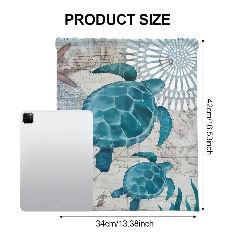 1Pcs Sea Turtle Drawstring Bag with Vintage Ocean Map, Sports Gym Sackpack for Shopping, Ideal Birthday Gift Idea for Friends