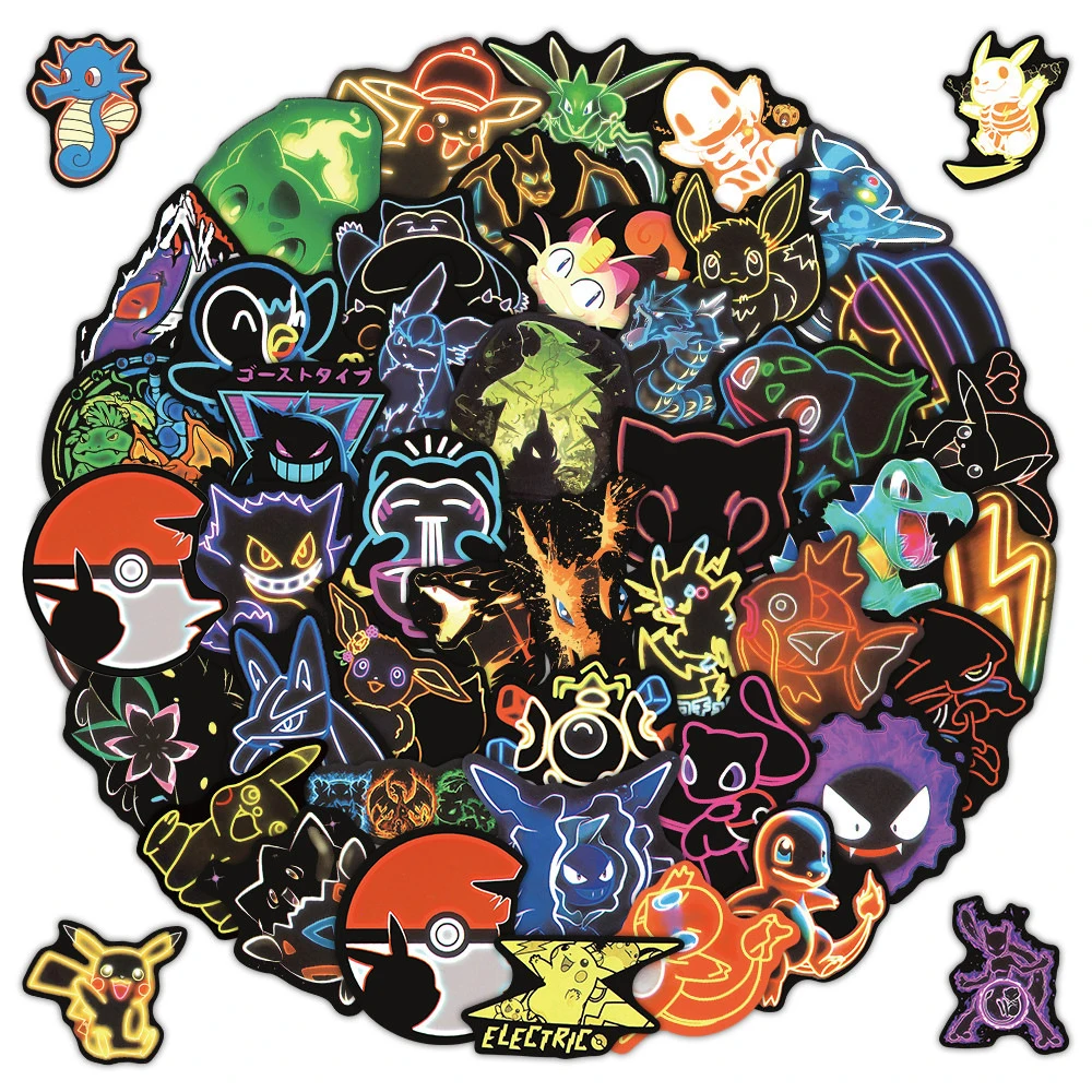 10/30/50/102pcs Neon Style Pokemon Anime Stickers Kawaii Pikachu Cartoon Decals Toys DIY Laptop Phone Case Notebook