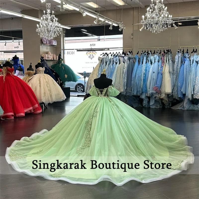 Sage Green Princess Quinceanera Dresses Lace Applique Beaded Ball Gown Off Shoulder Crystals Birthday Prom Vestido Court Train