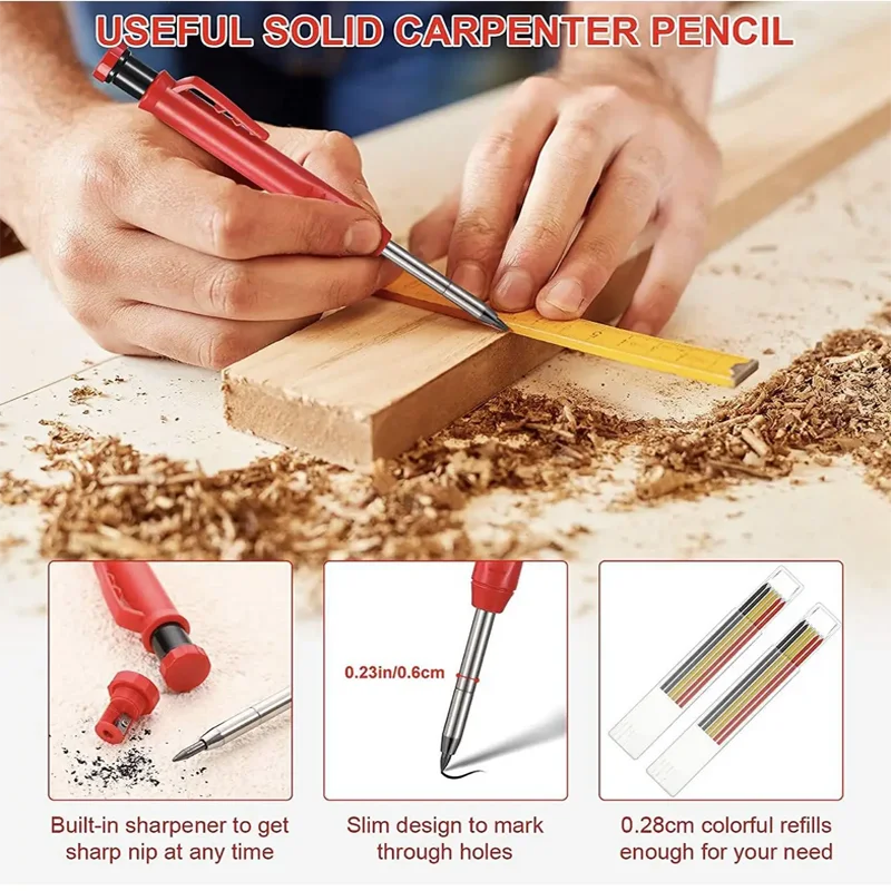 Solid Carpenter Mechanical Pencil with Sharpener Woodworking Tools Refill Construction Tools Stationery Supply Carpenter Pencil