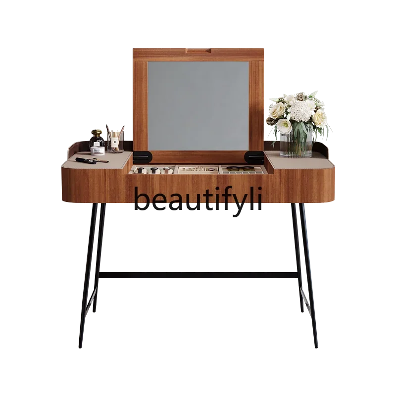 

LXPremium saddle leather makeup table senior designer style Italian minimalist flip mirror dresserSSS