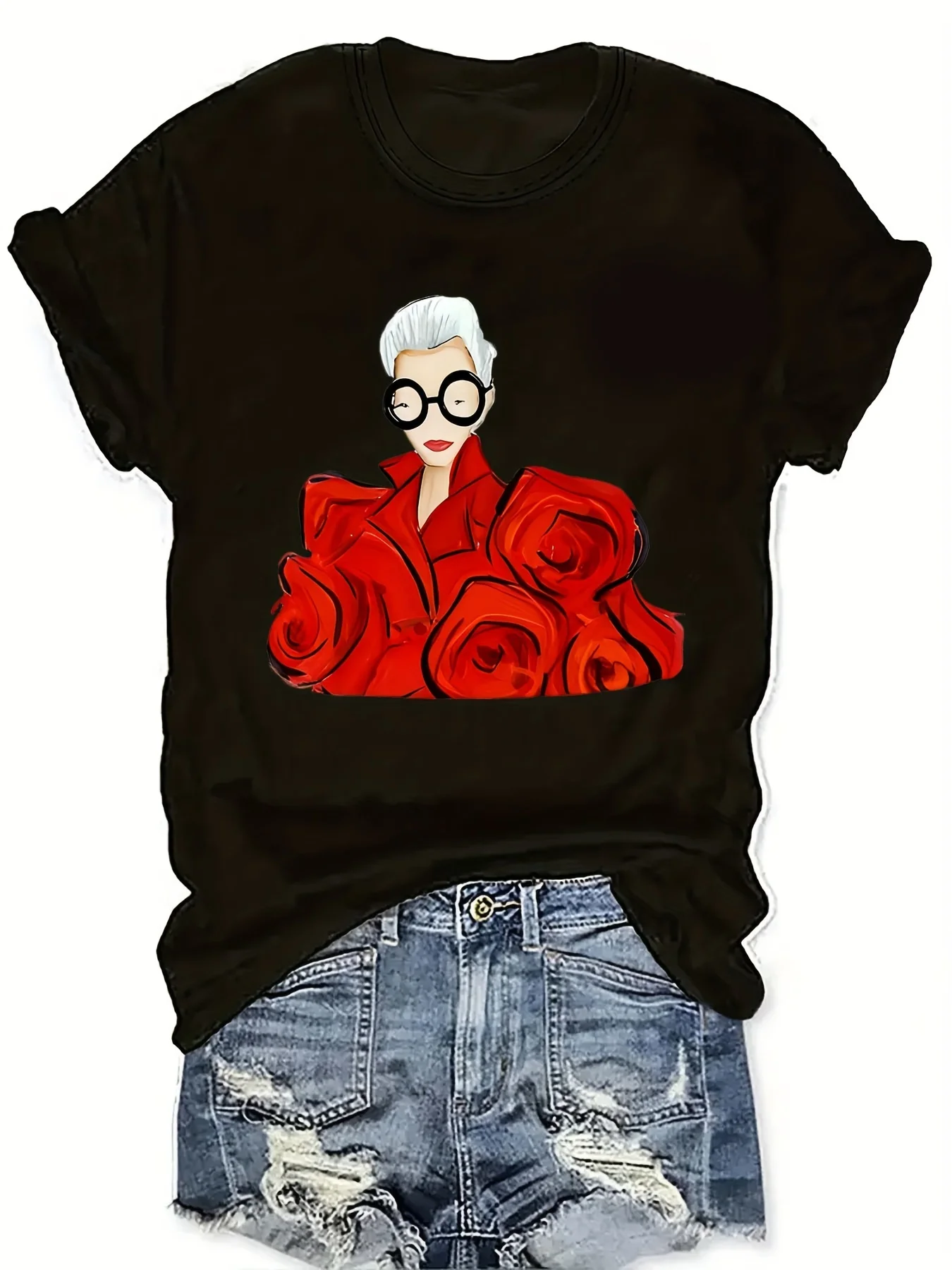 Women'S Floral Graphic T-Shirt, Casual Crew Neck Short Sleeve Top, Polyester Knit Fabric, Regular Length, All Seasons