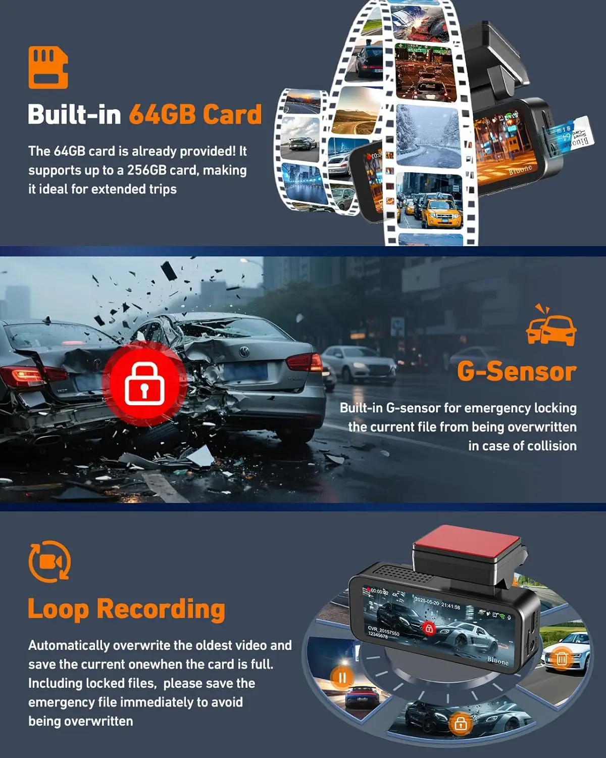 كاميرا 4K Dual Dash مع 5G WiFi، GPS، شاشة IPS 3.2 بوصة، بطاقة 64 جيجابايت، رؤية ليلية، شاشة ركن السيارة #5