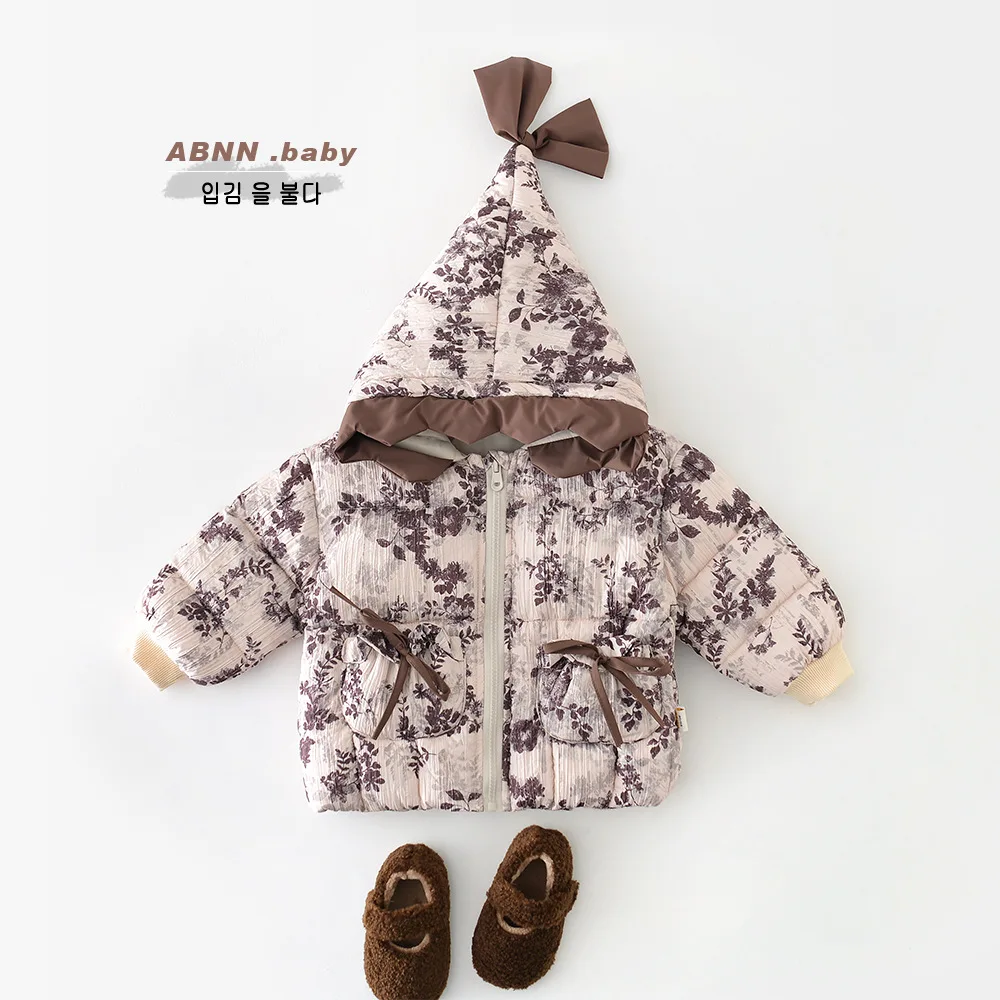 2024 Winter Baby Girls Parkas Cotton Floral Printed Hooded Pocket Zipper Toddler Girls Jacket Children Girls Outerwear Coat