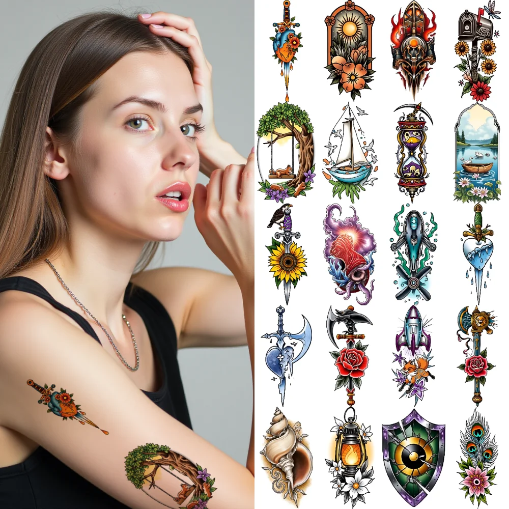 

28pcs Temporary Tattoo Skull Lantern New School Traditional Heart With Dagger Hot Air Balloon For Shoulders Arms Women
