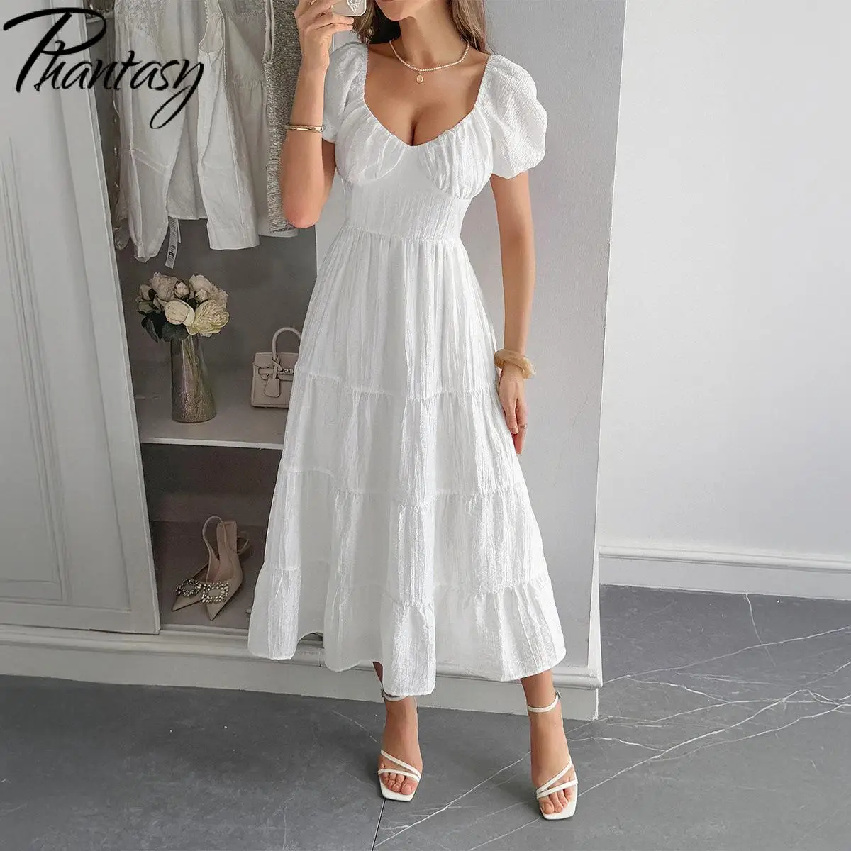

Phantasy Sexy Elegant Dress Leisure Vacation Waist Cinching A-Line Long Skirt Solid Color Short-sleeved Long Dress 2025 Summer