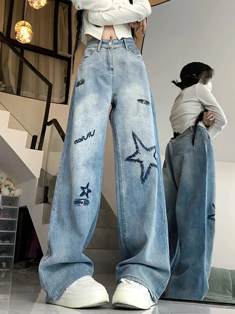 

Винтажные джинсы с вышивкой звезд, женские джинсовые брюки в американском консервативном стиле с высокой талией, повседневные свободные весенние женские брюки в стиле ретро