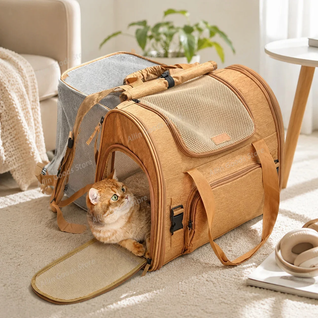 Portable Pet Carrier Backpack Expandable Breathable Mesh Travel Bag For Small Dogs Cats Car Fits Up To 8kg Brown
