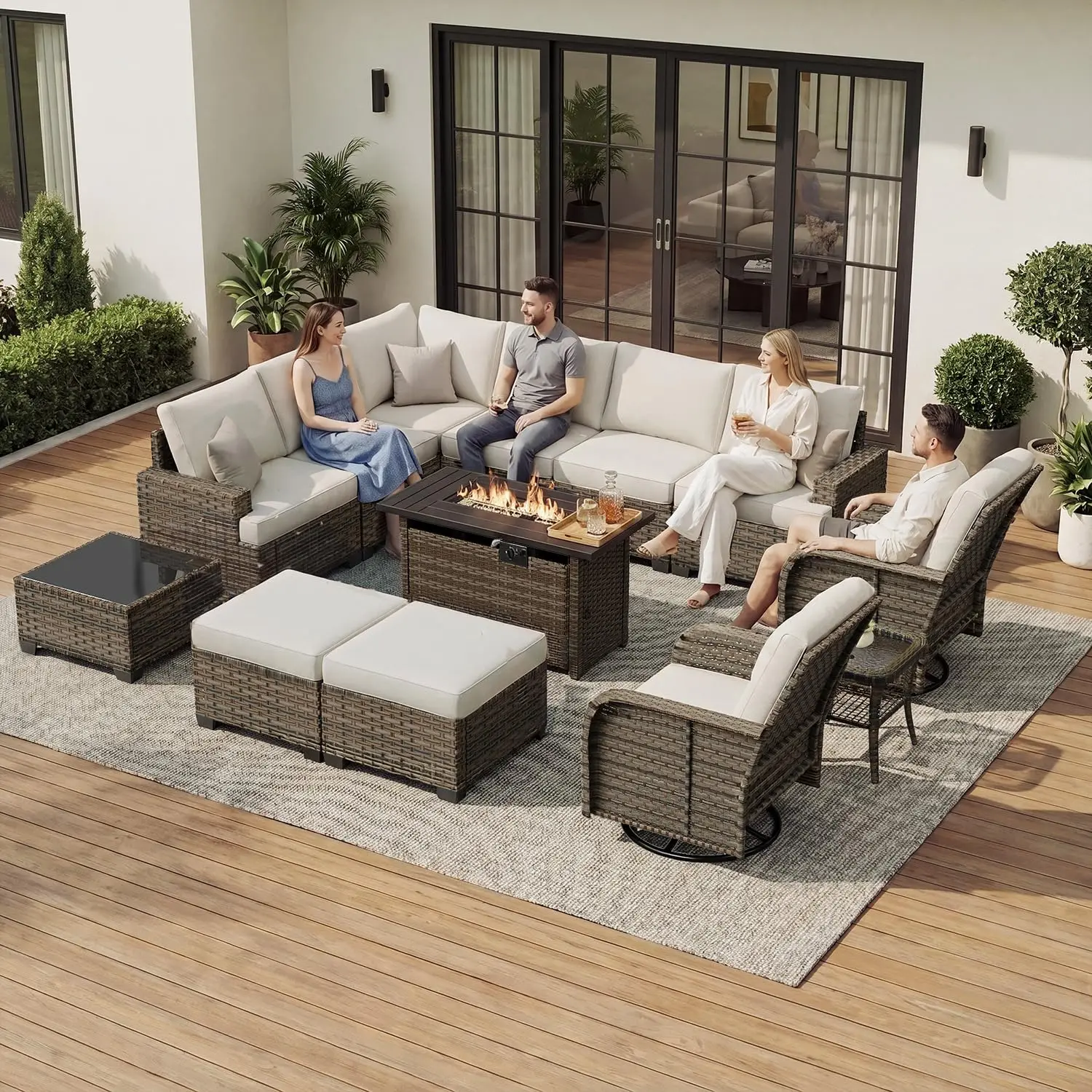 13 Piece Patio Furniture Set With Fire Pit Table, Beige, Customized