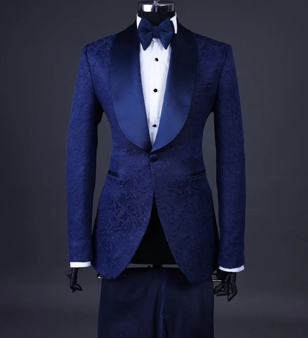 Smoking da sposa blu Dobby abiti da sposo abiti da uomo Slim Fit scialle bavero Prom BestMan Groomsmen giacca Blazer pantaloni