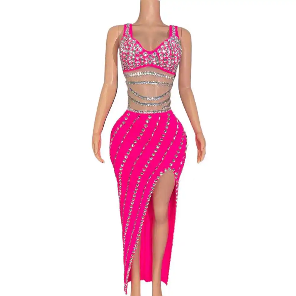 

Блестящие стразы, длинное платье с разрезом для женщин, сексуальное вечернее платье для празднования дня рождения, одежда для фотосессии, костюм для выступлений