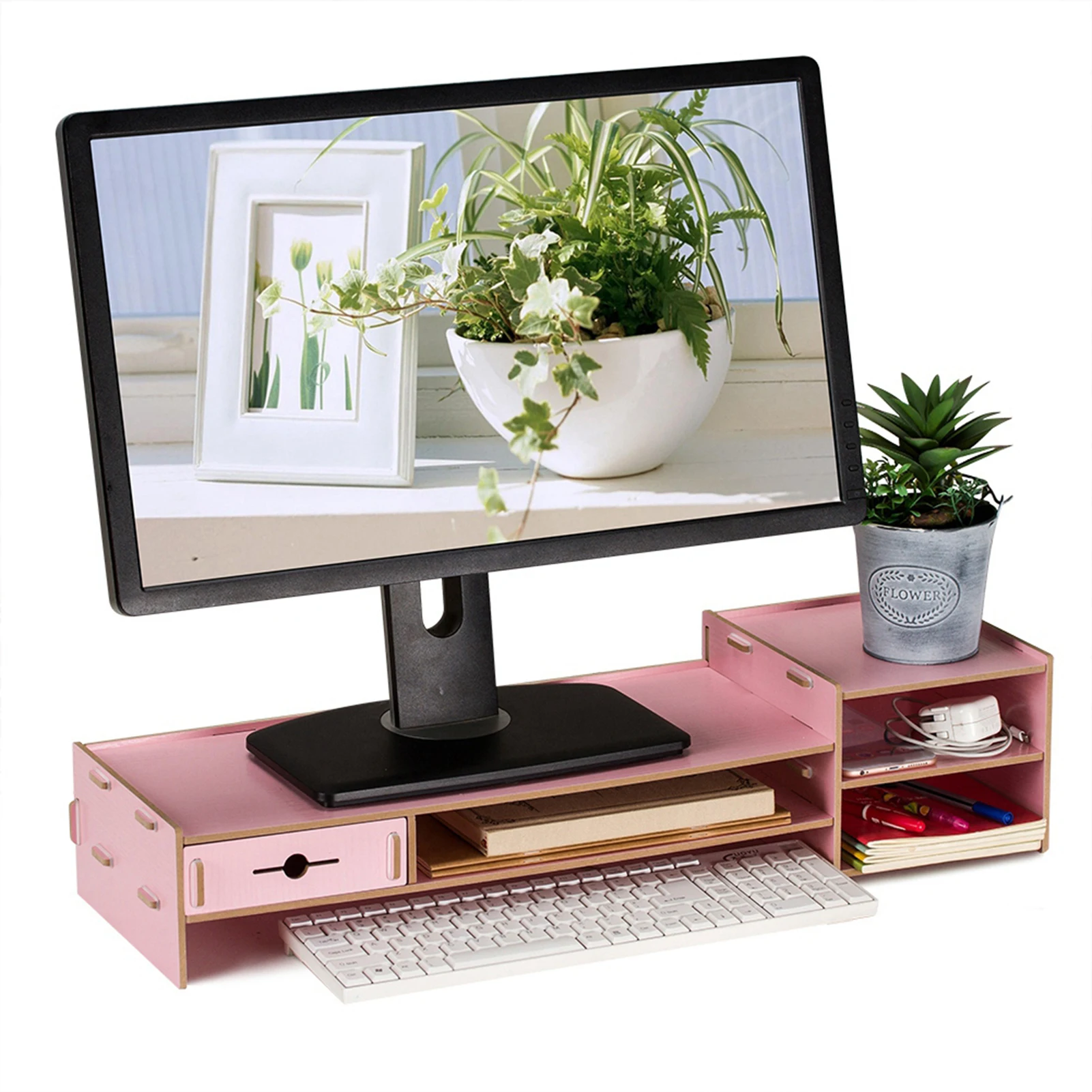 Desk Monitor Stand 2-Tier Desk Holder Height Computer Riser with Storage Organizer for Home Laptop PC TV Work Table