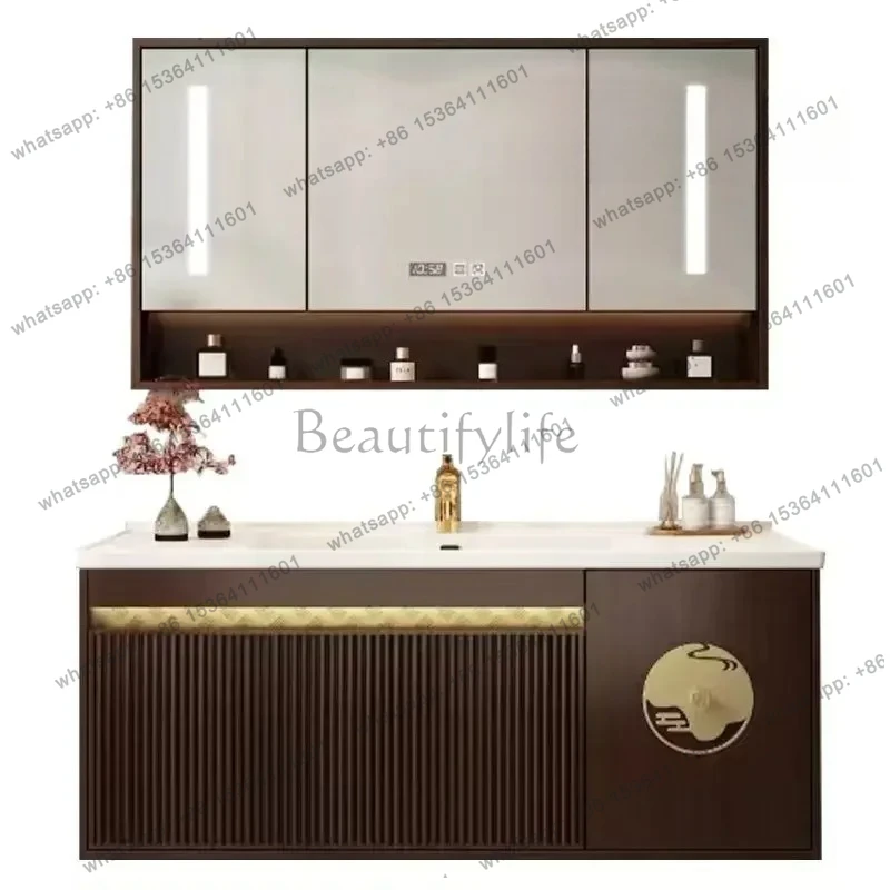 

ceramic integrated basin smart bathroom washbasin New Chinese bathroom cabinet solid wood combination