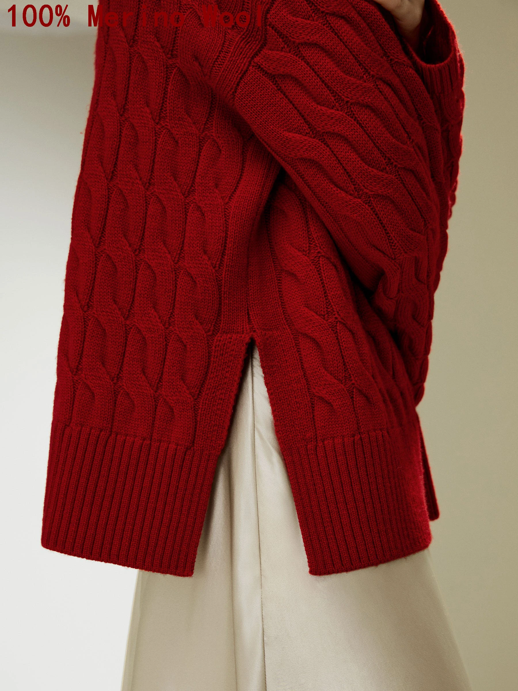 เสื้อสเวตเตอร์ขนแกะเมอริโนแท้ 100% ลายบิดเกลียวคลาสสิก ทรงหลวม คอกลม ไซส์ใหญ่ สำหรับฤดูใบไม้ร่วง/ฤดูหนาว ถักหนา สไตล์ลำลอง ทันสมัย