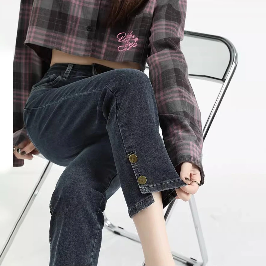 

Retro open nine cigarette pipe jeans female spring new high-waisted Slim thin narrow version of baguette straight pants