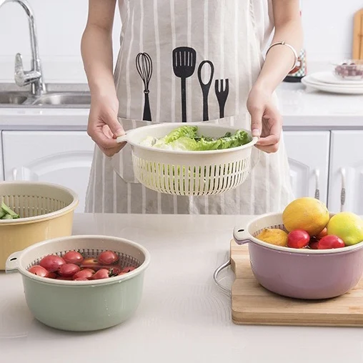 2/6Pcs Kitchen Double-Layer Drain Basket Rotatable Storage Basket for Washing Vegetables Fruit Colander Baskets Kitchen Tools