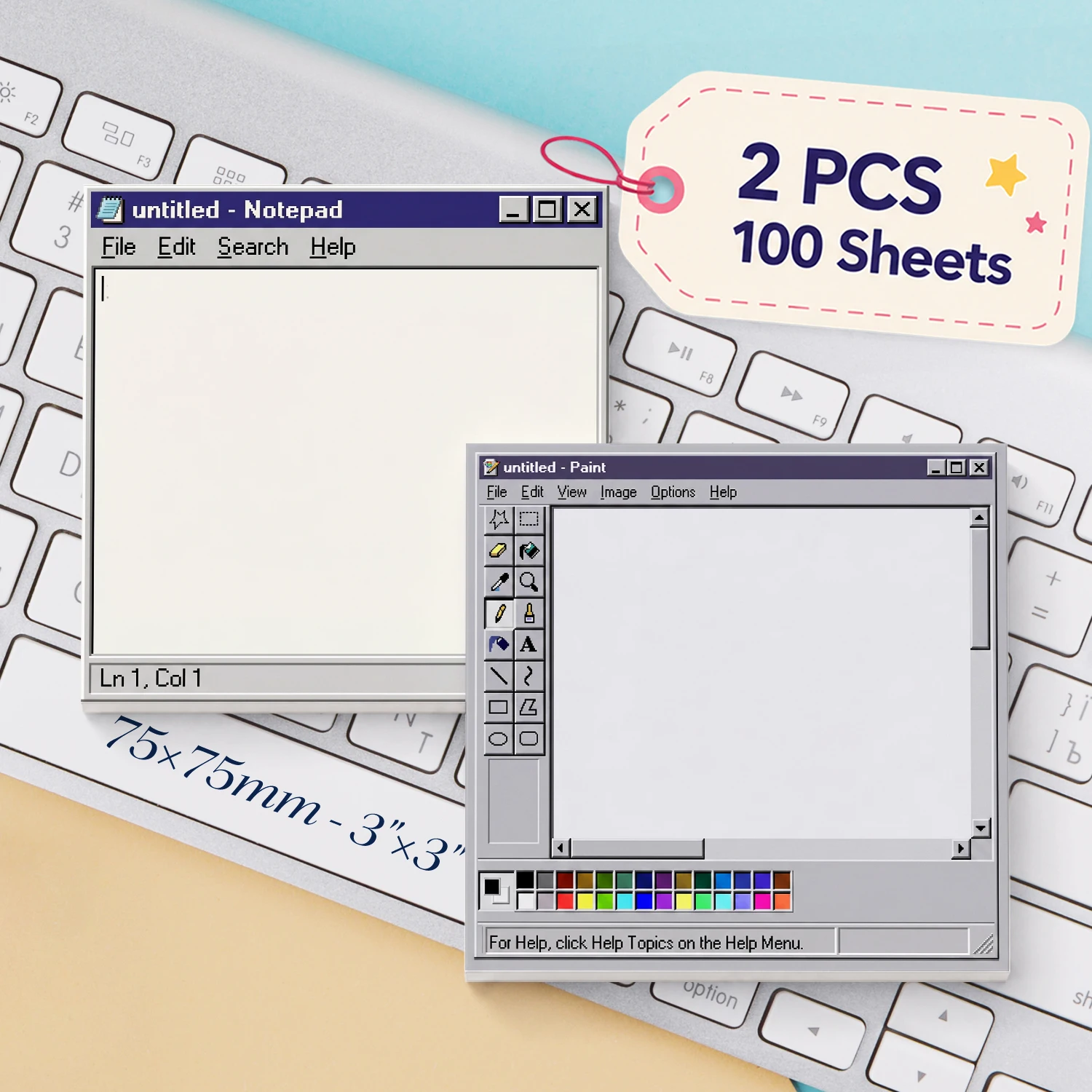 2 Stück, insgesamt 100 Blatt, Retro-Computer-Haftnotizen, 75 x 75 mm, 3 x 3 Zoll, Vintage-Notizblock, Paint-Window-Notizblöcke, selbstklebend