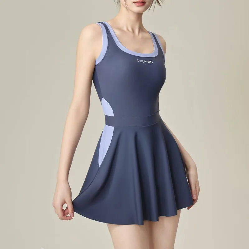 ผู้หญิงชุดว่ายน้ําแขนกุด Patchwork One Piece ชุดว่ายน้ํากระโปรงกางเกงขาสั้นหญิงกีฬา Beachwear Monokini ชุดว่ายน้ํา