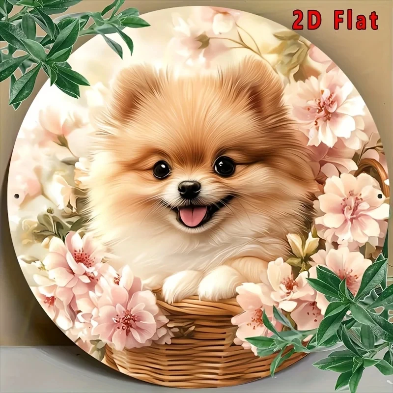 2D Flat, 1 Piece Vintage Aluminum Sign - Cute Pomeranian in a Blooming Flower Basket, Vibrant Pink and White Flowers, Durable for Indoor/Outdoor Use