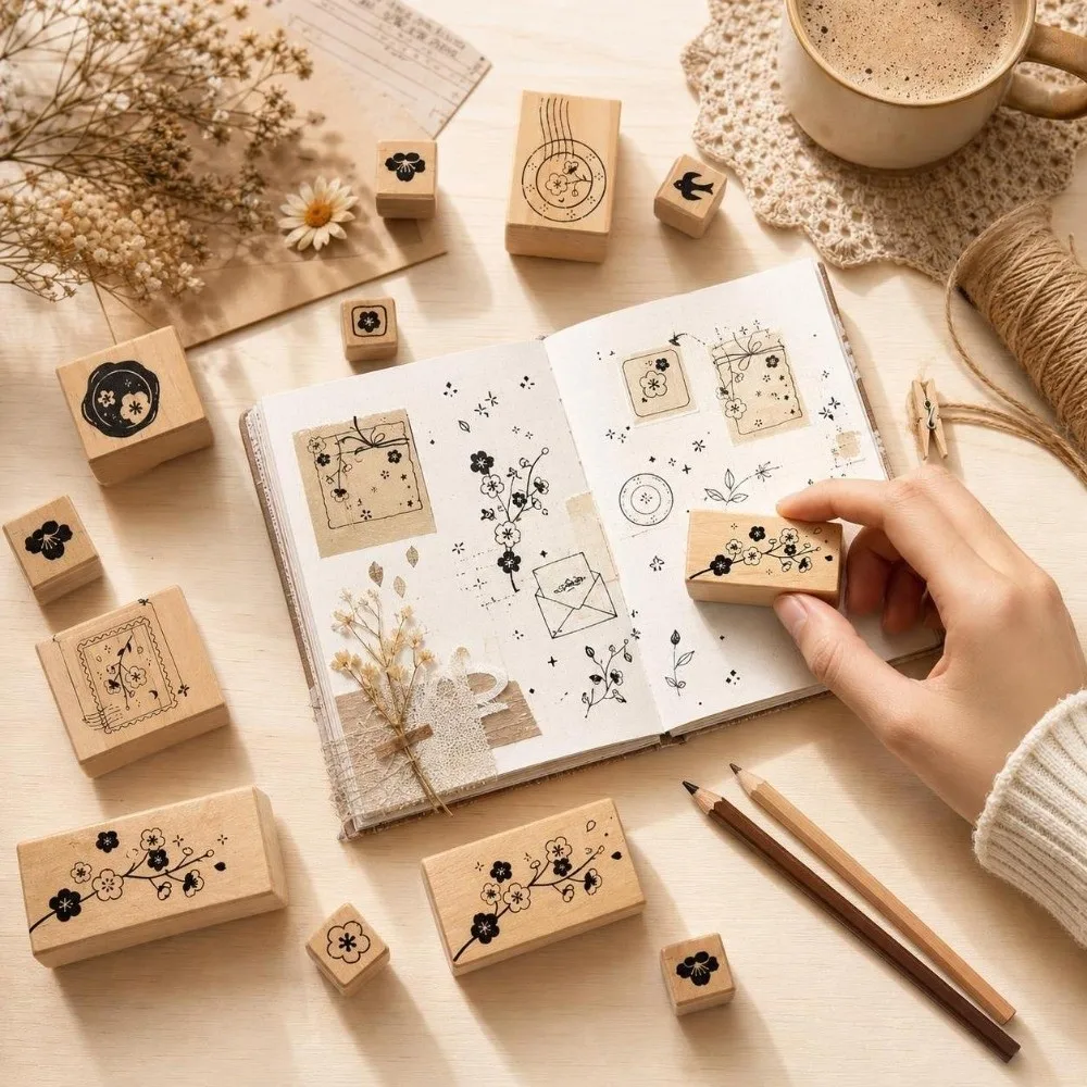 16pcs Clear Imprint Wooden Rubber Stamp Set Moon Cloud Scenery Delicate Carving Decorative Wood Stamp Rectangle Stamp Set
