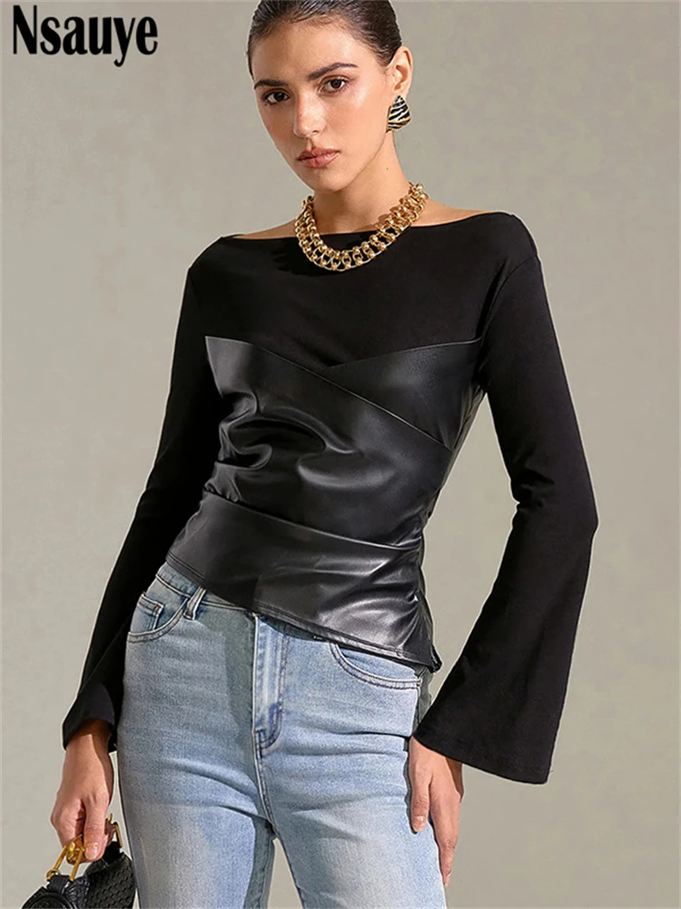 

Nsauye Long Sleeve Skinny Mini Female Basic O Neck Fashion PU Leather Patchwork T Shirt Tops 2025 Sexy Club Party Black Crop Top