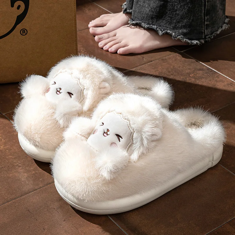 Cute Cartoon Sheep Pattern Plush Slippers Women Warm Thick Sole Non-slip House Indoor Slippers Trendy Lightweight Bedroom Slides