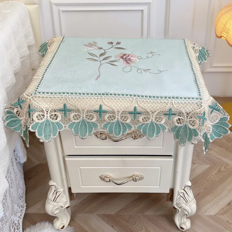 Light Blue Floral Pattern Bedside Tablecloth Lace for Side Table Cloth Tabletop Dust Cover Bedroom Nightstand Decor 60X60CM