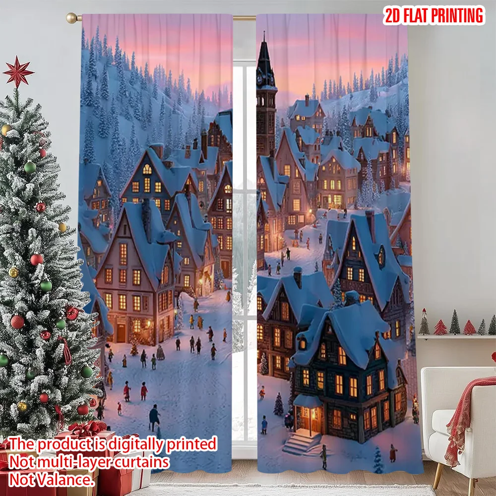 

2pcs 2D flat printing Merry Christmas Drapes Beautiful winter snow city Machine Washable Fabric Without Electricity Holiday