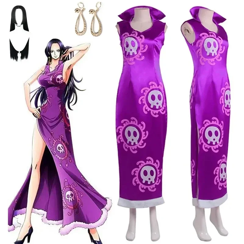 Disfraz de Cosplay de Boa Hancock 2026, Kimono de Anime, Vestido Morado, Cheongsam, Capa, Disfraz de Halloween para Mujer, Uniforme Cheongsam