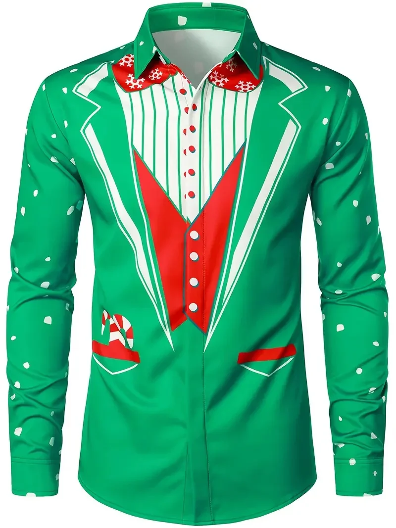 

Men's Happy New Year Christmas Fake Suit Fashion Long Sleeved Shirt Casual Comfortable Lapel Button Long Sleeved Shirt Kitten