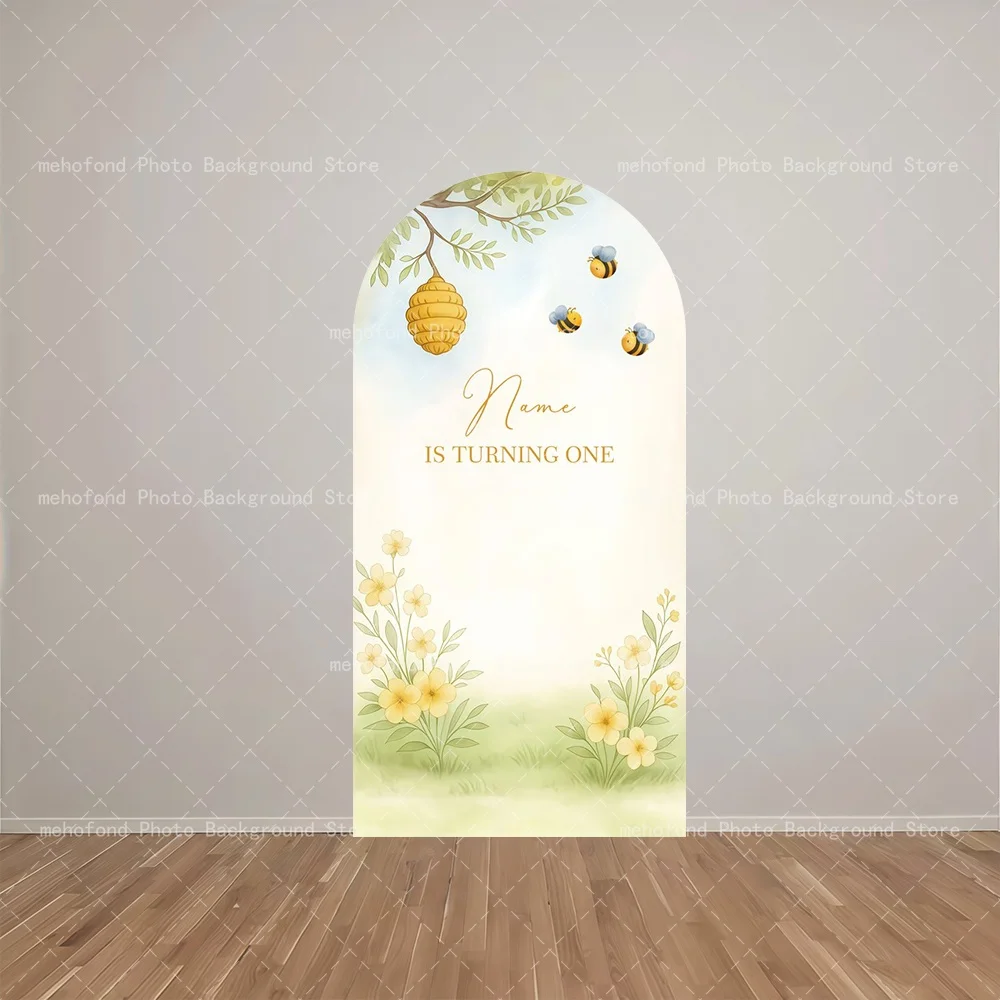 Mehofond Warm Yellow Bee Theme Arch Backdrop Customized Name Honeycomb Grid Texture Kid's Birthday Party Shower Background Decor