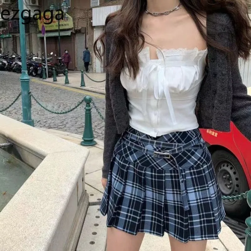 

Ezgaga Mini Skirts Women Plaid Preppy Style Vintage High Waist Preppy Style Sweet Elegant Skirt Summer Fashion Female Casual