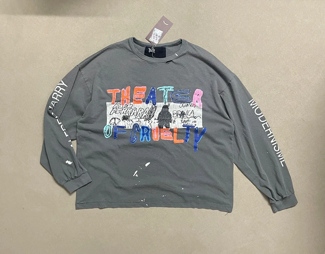 Fashion Brand Vintags Graffiti Theater Letter Splash Ink Print Distressed Long Sleeve T-shirt Unisex Grey Vintage Streetwear Top