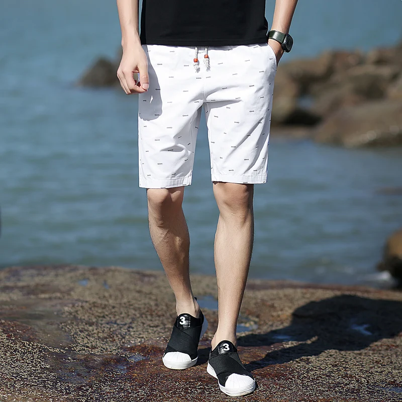 Fish Bone Print Shorts Men Fitness White Cotton Brand Elastic Waist Drawstring Work Shorts Summer Calf-length Beach Shorts Male