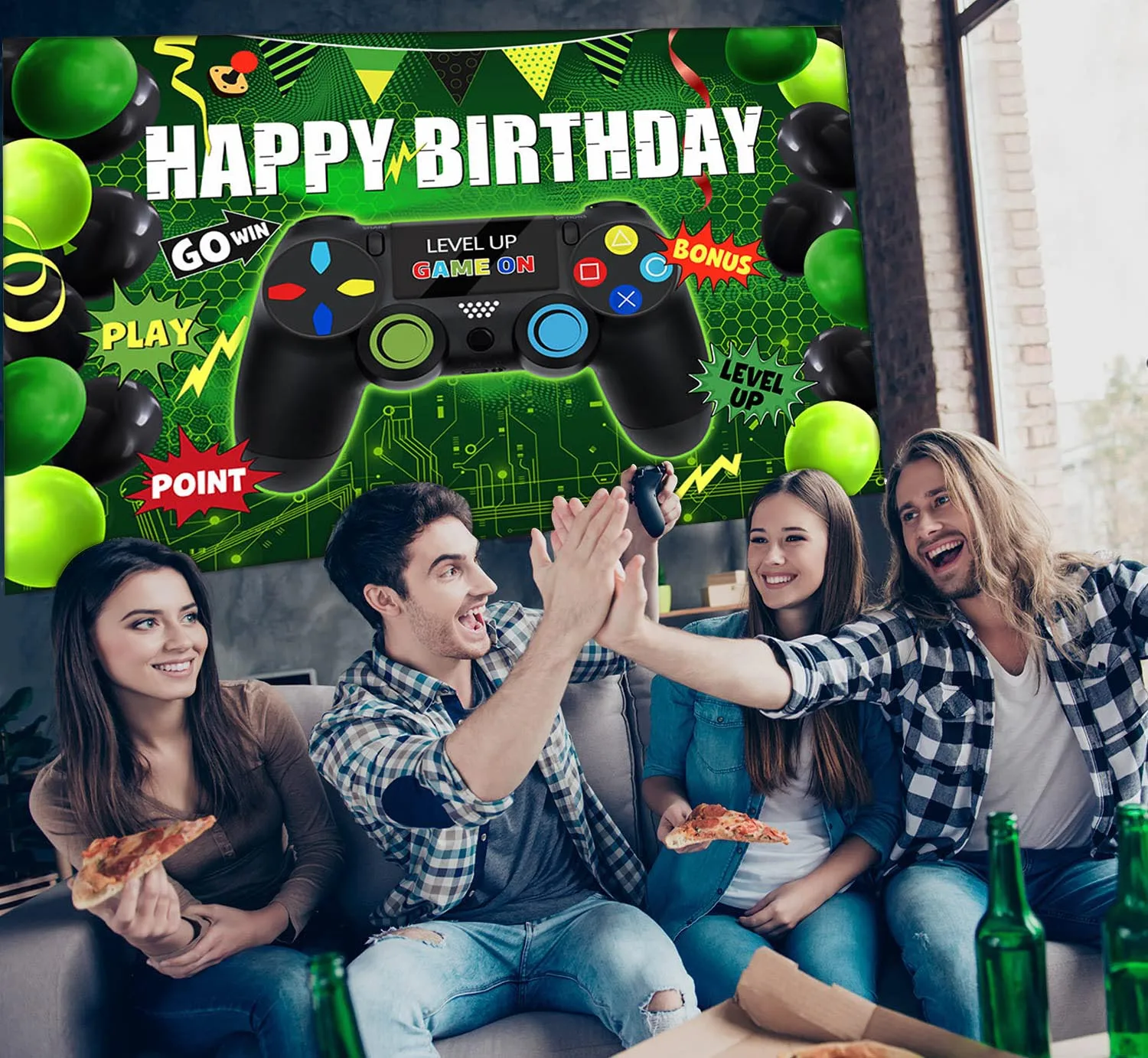 لعبة Mehofond على خلفية التصوير الفوتوغرافي ألعاب الفيديو النيون الأخضر الألعاب المستوى التالي حتى حفلة عيد ميلاد الأطفال خلفية استوديو الصور