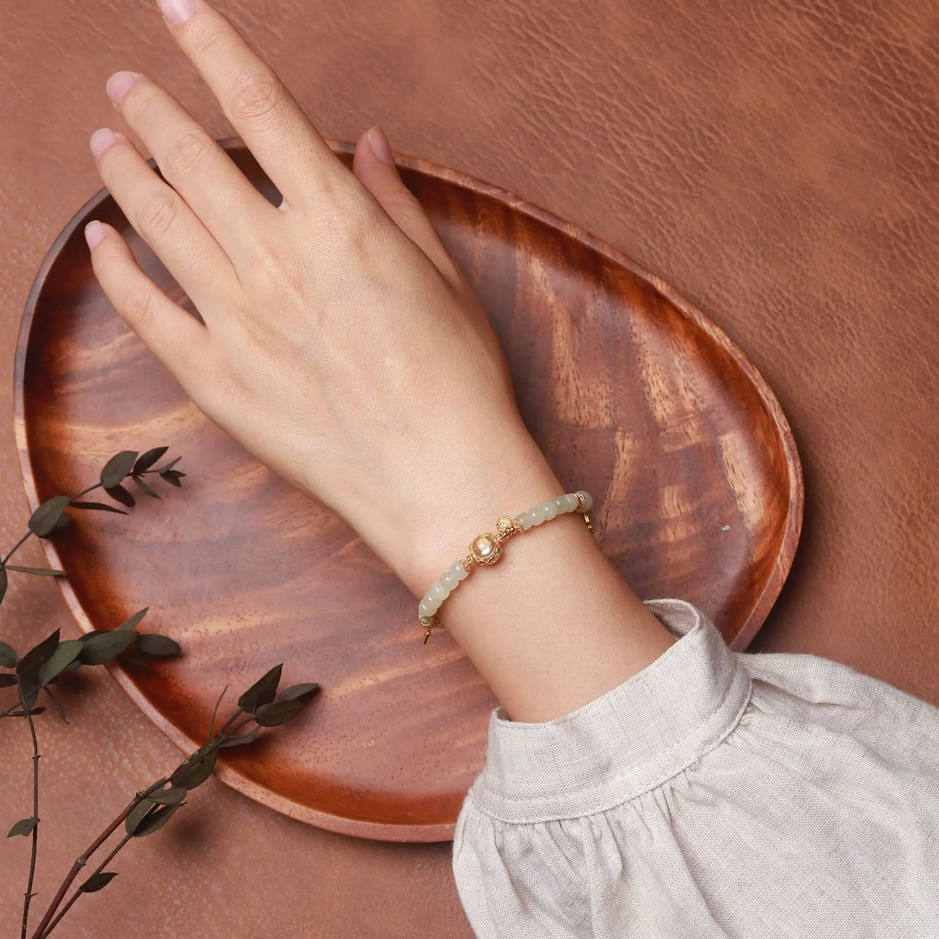 Natural Gradient Hetian Jade Bracelet with Citrine 925 Silver Gold Plated Adjustable Tail Chain Chinese Style Jewelry