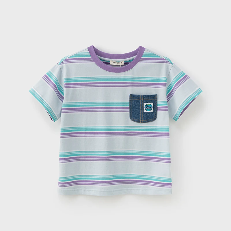 Dave Bella Summer New Boys T-shirts Fashion Blue Striped Short Sleeve Tees for Kids 100% Cotton Loose Tops DK2240191