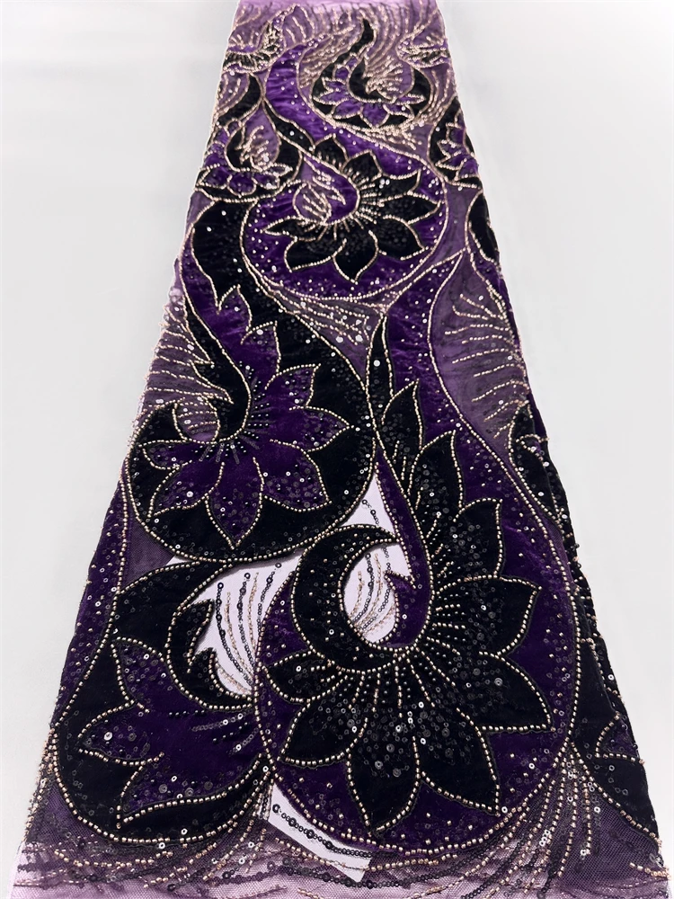 

African French Velvet Lace Fabric 5 Yards 2025 High Quality Nigerian Mesh Lace Embroidery Stones For Asoebi Dress Sewing