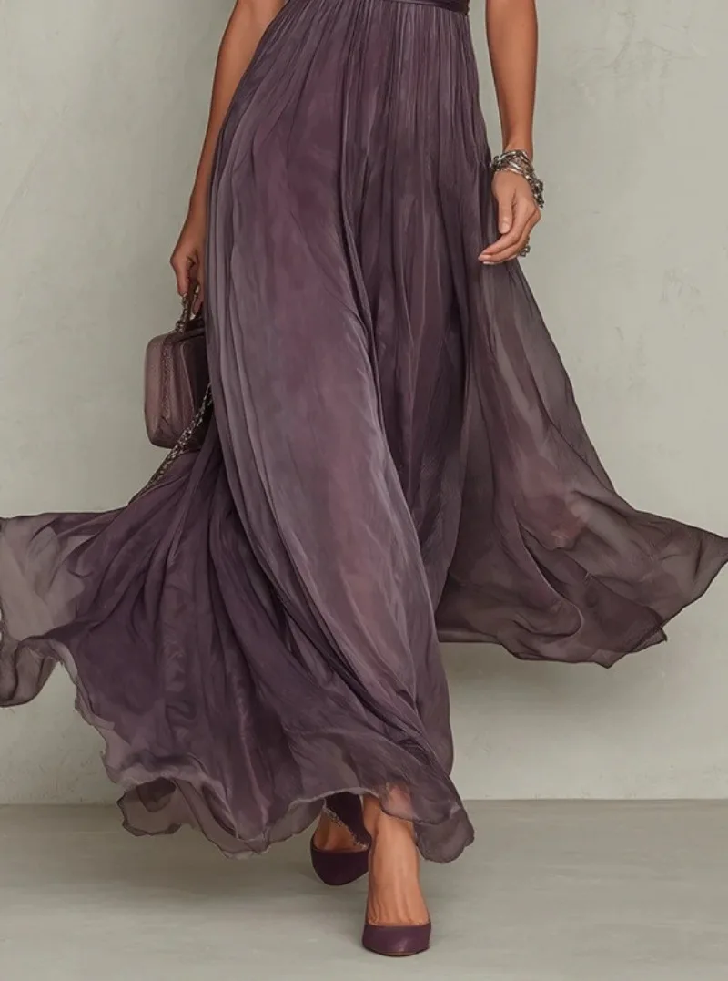 Elegant Chiffon Lace Trim Midi Dress Stand Collar Neck Puff Sleeve Cinched Waist Draped A Line Flowy Women's Casual Dresses