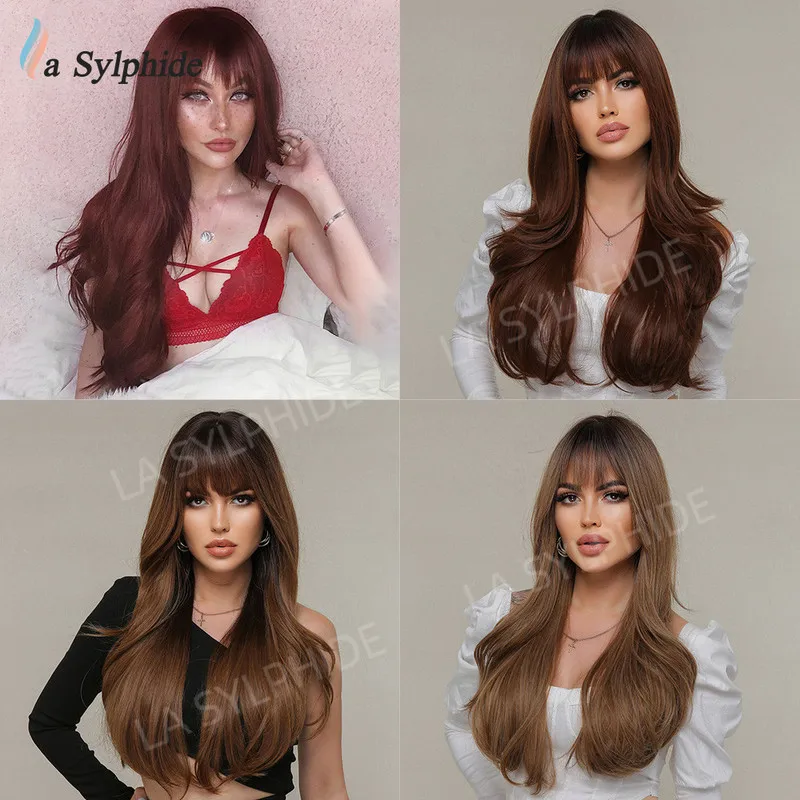 Long Curly Hair Wig for Women with Bangs, Wine Red Brown Gradient gold Rose NetLong wig