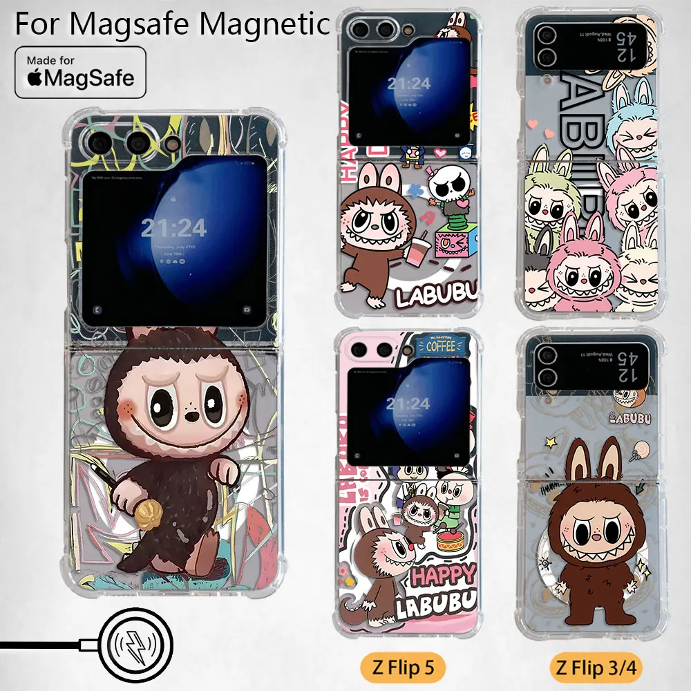 Cute Cartoon Labubu Magsafe Magnetic Phone Case for Samsung Galaxy Z Flip 3 4 Z Flip 5 6 Z 5G Soft Transparent Back Cover