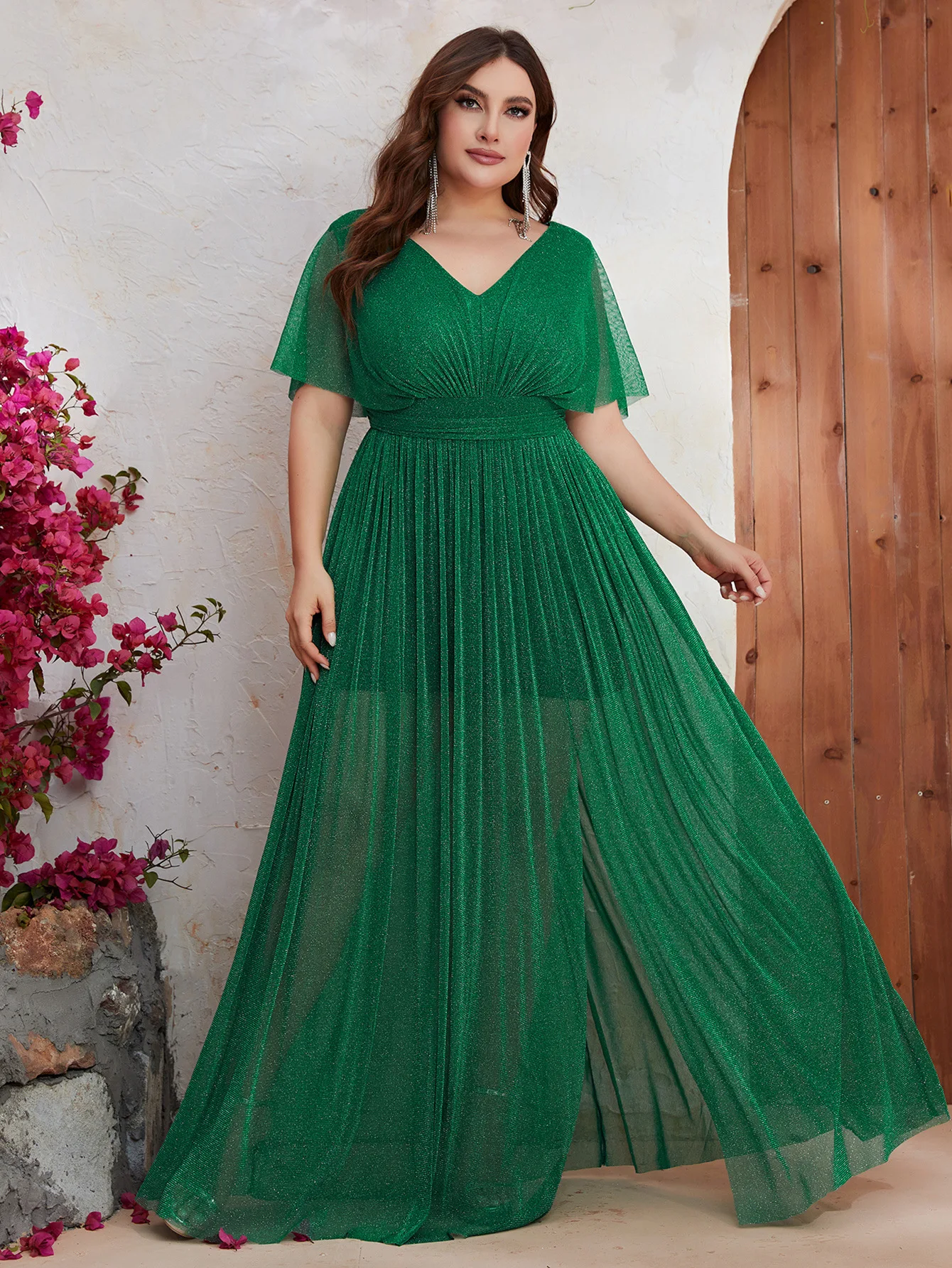 Plus Size Party Dresses Women Cross-border Large Size Evening Dress With Bat Sleeves Small V-neck Green Elegant Long Slit Dress